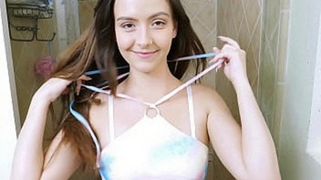 Alluring teen brunette took a shower